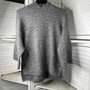 Old Navy Gray Hooded Tunic Shaker Sweater Women's M 3/4 Sleeve Slit Hem SOFT EUC